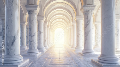 Arcade and a corridor of white columns. A passage of marble columns. Background with perspective going into distance