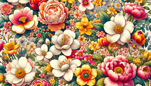 a illustration bouquet of delicate flowers including Daisy, Lily, Orchid, and Peony. Flower wallpaper background.