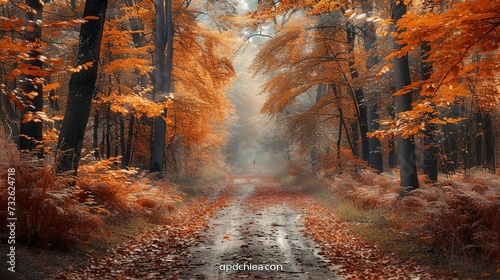 Autumnal forest pathway, leaves in shades of orange, red, and gold carpeting the ground, crisp air, and the scent of pine