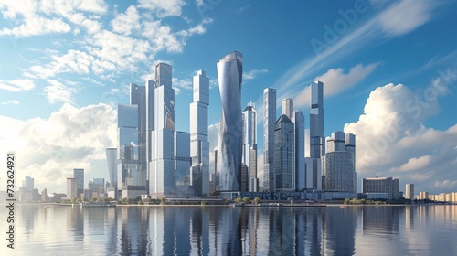 a city skyline with tall buildings and water