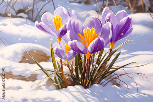 spring crocus flowers in snow art design