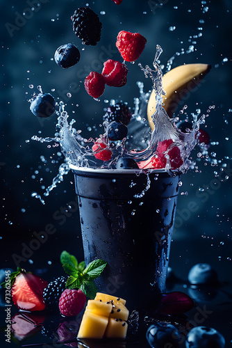 fruit splashing into a cup of fruit smoothie in