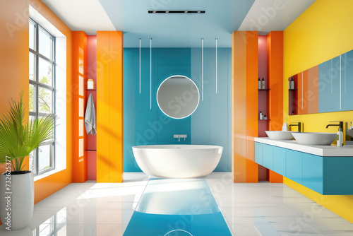 interior of spacious modern bathroom with colorful furniture