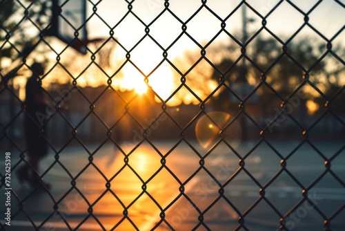 Sunset Through Chain-Link Fence, Urban Serenity Concept