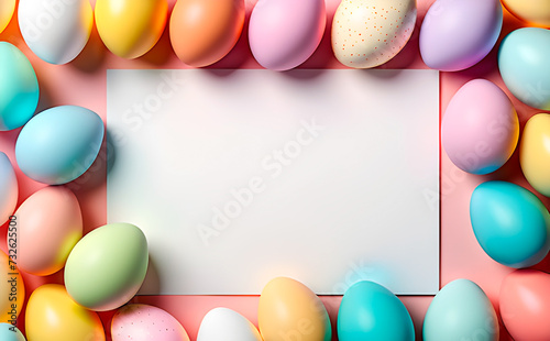Flat lay banner with colorful Easter eggs and white blank paper in the center. Easter design. Mockup. Blank note for Easter message or greeting card.