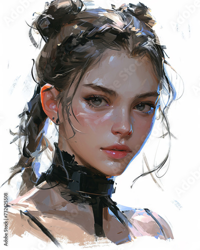 Digital painting of a beautiful young woman with blue eyes and black hair, isolated on white background
