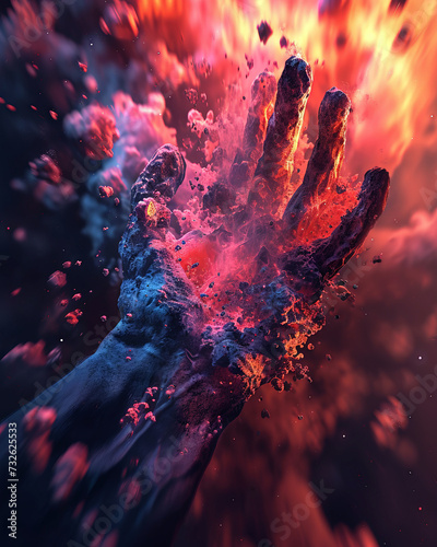 Hand surrounded by colorful red smoke and dust. Abstract concept