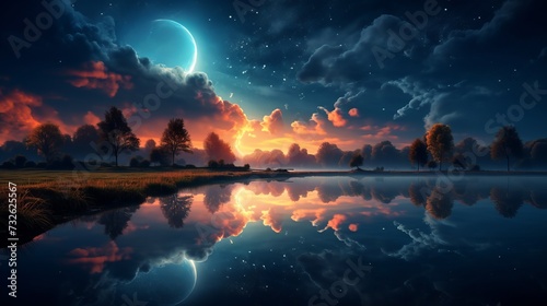Moonlit water reflection in night sky, astrophotography, serene and captivating natural landscape