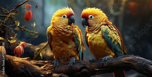 Playful Parrots Interacting Create a heartwarming scene with a pair of playful parrots engaged in a lively conversation,their colorful plumage and animated gestures adding a joyful energy to the image