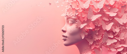 pink banner with free space for Mother's Day or March 8, portrait of woman and butterfly in paper cut style with space for text