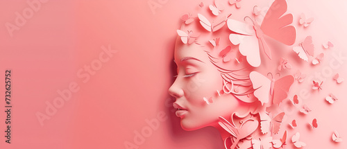 pink banner with free space for Mother's Day or March 8, portrait of woman and butterfly in paper cut style with space for text © katerinka