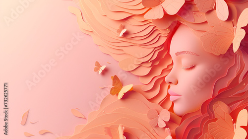 orange banner with free space for Mother s Day or March 8  portrait of a woman and a butterfly in paper cut-outs style with space for text