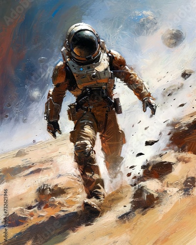 Astronaut in space suit on the background of an alien planet