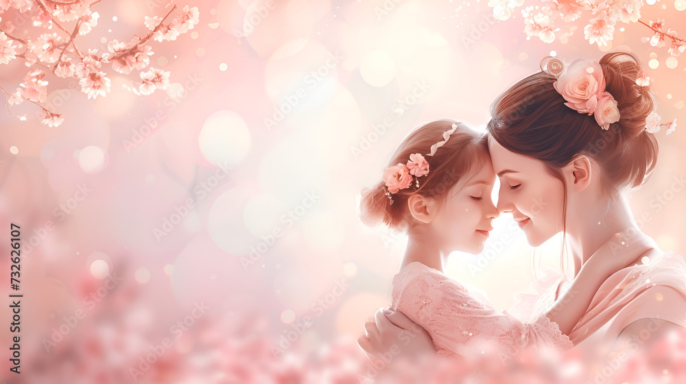 Mother's day card, mother hugging daughter close up in flower garden with space for text on light background Mother's day card, mother hugging daughter close up in flower garden with space for text on light background