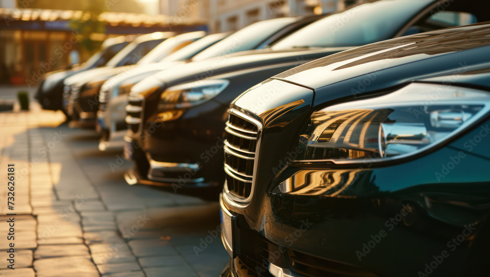 Modern Automotive Row: A Shiny Blue Line-up of Various Luxury Cars for Sale in a Busy City Dealership