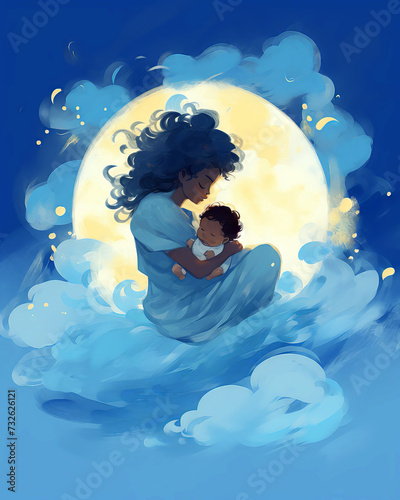 Illustration of a mother and her baby in the moonlight