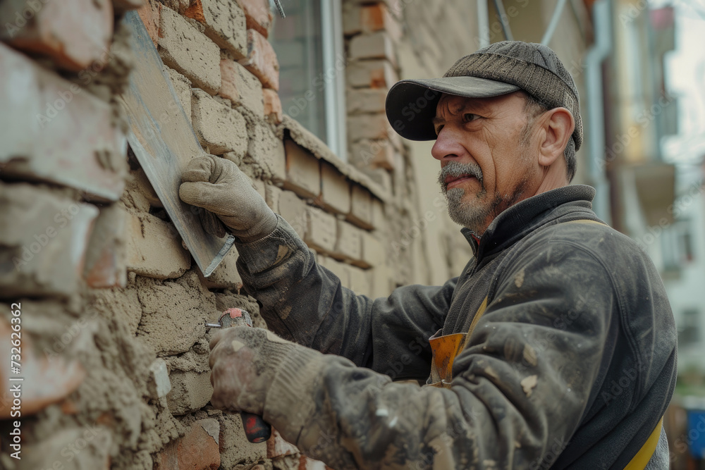 portrait of a Bricklayer worker installing brick masonry on exterior wall with trowel putty knife