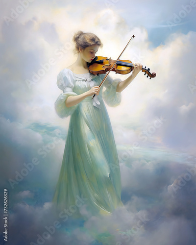 Beautiful girl in a long dress playing the violin on the clouds 