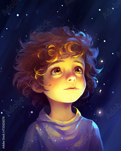 Portrait of a boy with curly hair. Vector illustration