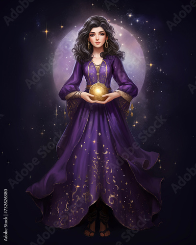 Beautiful girl with magic ball in her hands. Fantasy illustration