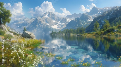 Crystal clear alpine lake, reflecting the surrounding rugged peaks, wildflowers dotting the shoreline