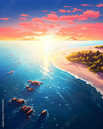 Beautiful seascape at sunset. Digital painting