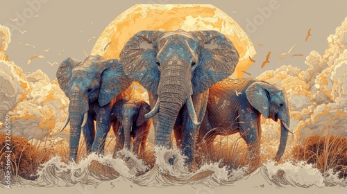 Fototapeta Honor World Animal Day with an intricate elephant family illustration.