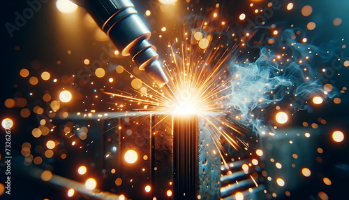 Bright sparks from metal in close-up. Welder constructions to weld steel at the factory. photo