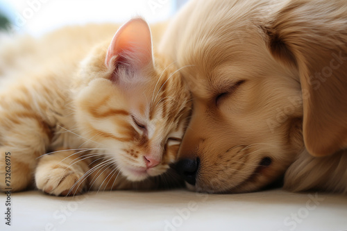 Cute cat and dog together, kitten and puppy friendship