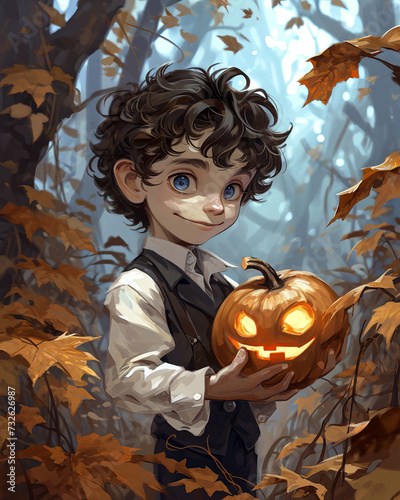 Halloween boy in the forest with a pumpkin
