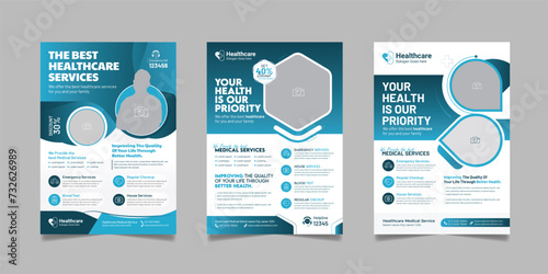Medical flyer brochure cover page design. Healthcare consultant business poster template set.