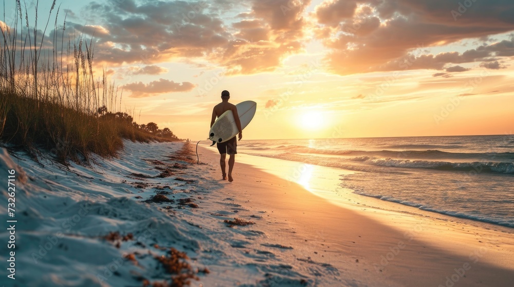 Obraz premium Back view of a surfer with a board on a sandy beach at golden hour.