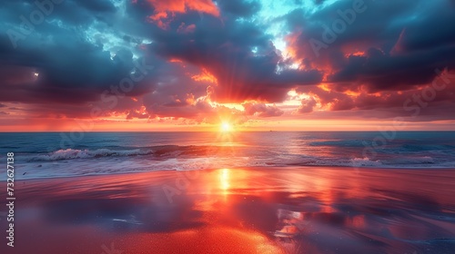 Dramatic beachscape at sunset, dark clouds parting to reveal a fiery sun setting into the ocean, reflections on wet sand