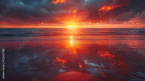Dramatic beachscape at sunset  dark clouds parting to reveal a fiery sun setting into the ocean  reflections on wet sand 