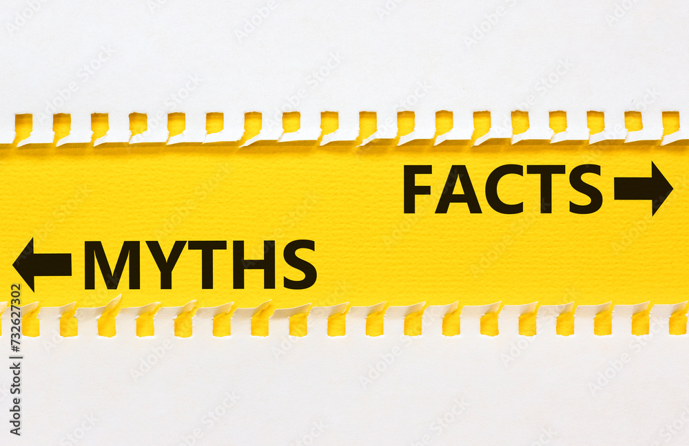 Obraz premium Facts or myths symbol. Concept word Myths and Facts on beautiful yellow paper. Beautiful white paper background. Business and facts or myths fact myth concept. Copy space.