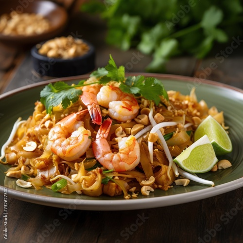 A vibrant plate of Pad Thai featuring succulent shrimp, adorned with lime wedges, and fresh cilantro