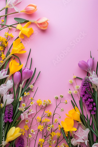 card or banner for mother's day or eighth of march on pink background with spring flowers and place for text