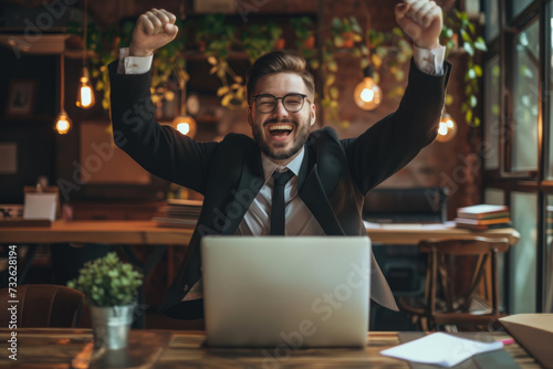 Portrait of a happy cheerful young business man celebrating success with arms up in front of laptop