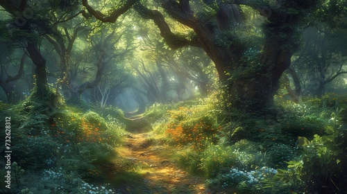 Enchanted woodland trail  ethereal light filtering through ancient trees  hints of magical creatures hidden in the foliage