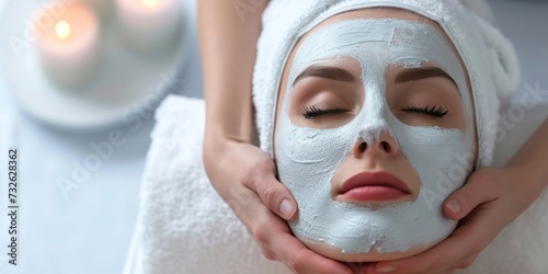 Cosmetologist applying white mask onto woman's face in spa salon, closeup.