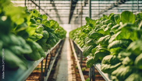 IIndoor hydroponic lettuce farm in a greenhouse.