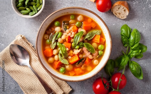 Italian minestrone soup with vegetables and beans on a table with a linen tablecloth