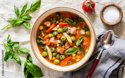Italian minestrone soup with vegetables and beans on a table with a linen tablecloth