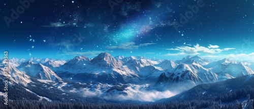 Winter landscape snow mountain with night sky star