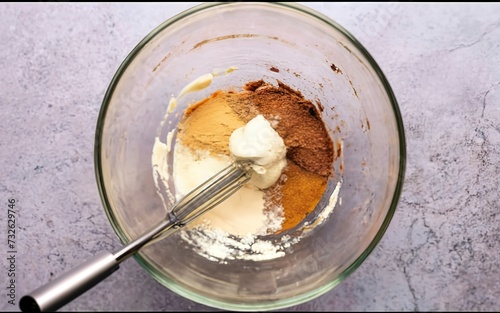 mixing dry ingredients in a glass bowl with a whisk