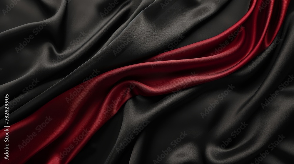 Rippled black satin fabric, Shiny luxury red swirl silky background Rippled black satin fabric, Shiny luxury red swirl silky background