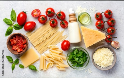 Pasta ingredients on white kitchen table. Raw Pasta, parmesan, olive oil, spices, tomatoes and basil. Top view with copy space