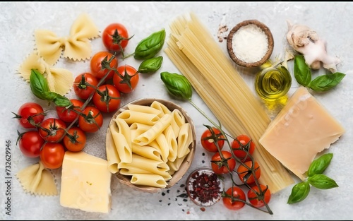 Pasta ingredients on white kitchen table. Raw Pasta, parmesan, olive oil, spices, tomatoes and basil. Top view with copy space