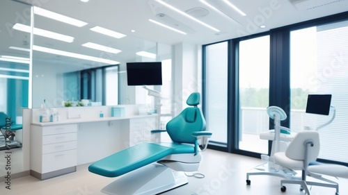 Dental office. Defocused background of modern dental clinic. Generated with AI