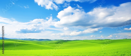 Green meadow on the hill and blue sky with clouds